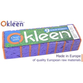 Okleen Purple and Orange Multi Use Scrub Sponges. Made in Europe. 9 Pack, 4.3x2.8x1.4 inches. Heavy Duty & Non Scratch Fiber. Odorless Durable Delicate, Easy Washable Violet Scrubber