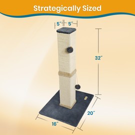 PAWBEE Cat Scratch Post Tower - 32” Tall Cat Scratching Post with Jingle Bells and Plush Balls - Sisal Cat Scratcher with Larger Base for Better Stability - Cat Scratching Posts for Indoor Cats