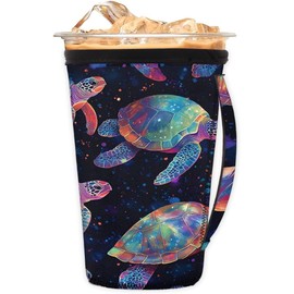Reusable Iced Coffee Cup Sleeve Glowing Sea Turtle Neoprene Insulated Sleeves Cup Cover Holder Coffee Cup Sleeves with Handle for Cold Drinks Tumbler Cup,24-28oz