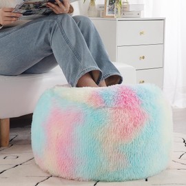 HOMBYS Unstuffed Ottoman Pouf Cover,Round Faux Fur Foot Stool, 20"x20"x12" Fuzzy Chair, Floor Bean Bag(No Filler),Foot Rest with Storage for Living Room, Bedroom, Office, Rainbow Cover ONLY