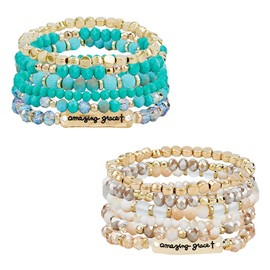 UNICRAFTALE 12Pcs Beaded Stackable Bracelets Verse Friendship Brave Inspirational Bracelets Beautiful Word Stretch Bangle Bracelets Religion Message Crystal Bracelets for Woman
