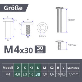 ORTAVA Pack of 30 M4 x 30 mm (30 x Furniture Screws, 30 x Sleeve Screws), Stainless Steel A2 V2A Cabinet Connectors, Furniture Connectors, Cabinets, Wooden Boards