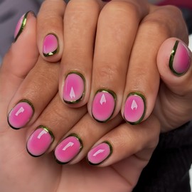 TBRZTR Press on Nails Extra Short Rose Pink Glue on Nails Artificial Acrylic Nails with Gold Lines Design Oval False Nails Full Cover Glossy Coffin Nails Reusable Stick on Nails for Women 24Pcs