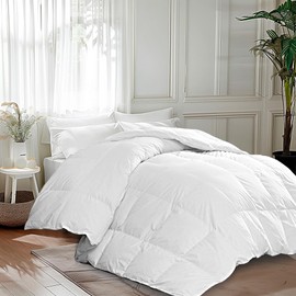 MARTHA STEWART Goose Feather Down Fiber Cotton Comforter Queen Size, Feather Duvet Insert Queen, Hotel Collection Hypoallergenic Comforter 58oz All Season Medium Warmth 90 x 90 Inch White
