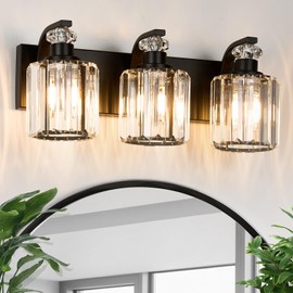 ALAISLYC Black Bathroom Light Fixtures with K9 Crystal Lampshade Bathroom Lighting Over Mirror Vanity Lights for Living Room,Bedroom,Restroom,Hallway 3 Lights