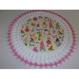 Easter Doily Gnomes on a Yellow Background Fabric Center Crocheted Edge 20 Inches Centerpiece