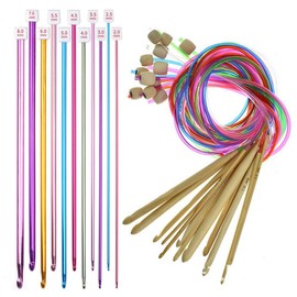 22 Pieces Tunisian Crochet Hooks Set, 11 Aluminum Afghan Crochet Hooks&12 Tunisian Bamboo Crochet Hook with Cable & Beads for Beginners, Size 2-10mm