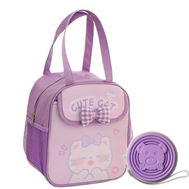 KOVPIFB Kawaii Lunch Bag for Girls Cute Insulated Lunch Box for Women Reusable Tote Bag with Foldable Silicone Cup Purple