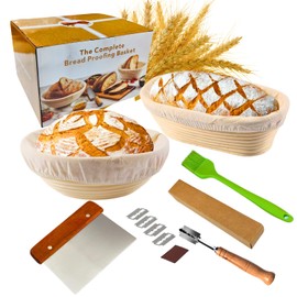 Bread Proofing Baskets Set of 2, 9 Inch Round & 10 Inch Oval Rattan Leavening Basket Supplies with Sourdough Making Tools, Baking Supplies for Sourdough Rising
