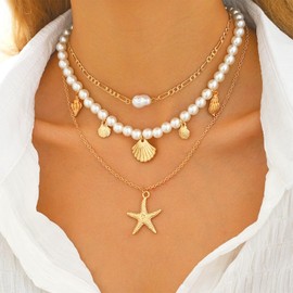 3Pcs Layered Starfish Necklaces, Boho Shell Pearl Necklace Gold Starfish Necklace, Beach Jewelry for Women Girls