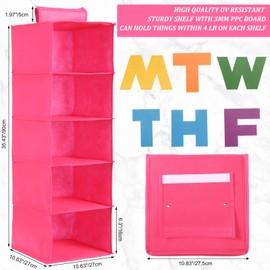 Hahafelt 2 Pcs 5 Shelf Weekly Clothes Organizer for Kids Hanging Closet Organizer Weekday Daily Activity Clothes Storage Days of The Week Outfit Storage for Monday Through Friday(Rose Red)