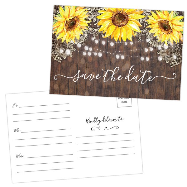 50 Sunflower Save The Date Cards for Wedding, Engagement, Anniversary, Baby Shower, Birthday Party, Wood Save The Dates Postcard Invitations