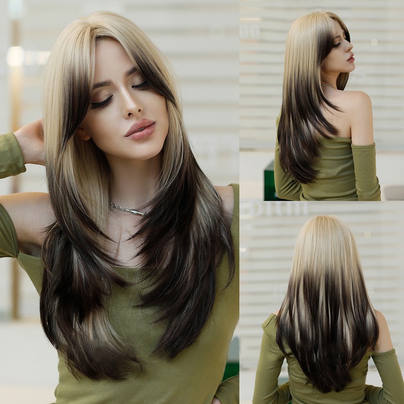 Long Wig Human Hair with Bangs and Wig Cap Glueless