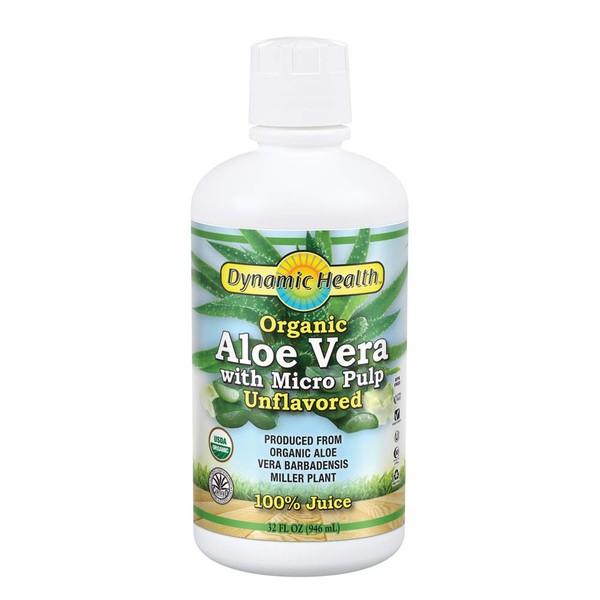 Dynamic Health Organic Aloe Vera Juice w/Micro Pulp, Unflavored | No Added Sugar, Artificial Color or Sweeteners, No Gluten or BPA | 32oz, 8 Serv