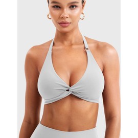 YEOREO Halter Sports Bras for Women Low Impact Removable Padded Adgustable Front Twist Deep V Bra Seamless Workout Gym Crop Tops Beige S