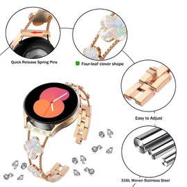 Issinlky Lucky Four Leaf Clover Band for Galaxy Watch 7/FE/6/5/4 40mm 44mm, 20MM Bling Rhinestone Metal Strap Girl for Galaxy Watch 6 Classic/4 Classic/Watch 5 Pro/Watch 3 41mm/Active 2/Active 40MM
