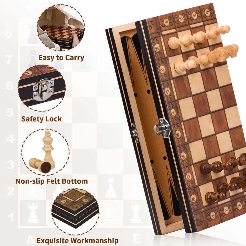 Wooden Chess Game, 3-in-1 Magnetic Chess Game, Chess Board Set,