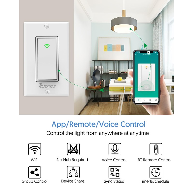Smart Light Switch with Bluetooth Remote, Single Pole One-Way WiFi