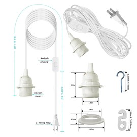 Zarnicy Plug in Pendant Light Cord Kit - 16Ft Light Bulb Socket with Cord E26/E27 Hanging Lantern Lamp Cord Cable with Switch,Socket Rings, 4 Pack, White