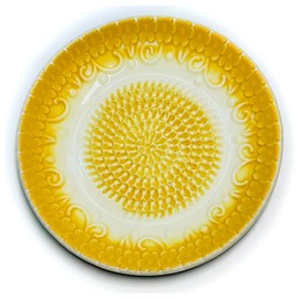 BonCera, All-in-one Premium Ceramic Garlic Grater Plate 4-Piece Set - Yellow Embossed Design and Style - For Garlic, Ginger, Chocolate, and more! - Comes with 5.25" Plate, Peeler, Brush, and Stand
