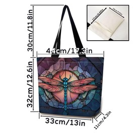 ZhuVantrix Stained Glass Dragonfly Tote Bag Reusable Grocery Bags Aesthetic Shopping Shoulder Handbag with Interior Pocket Lightweight & Washable Stylish Colorful Dragonfly Present for Women