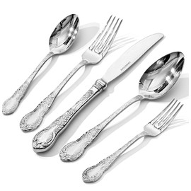 KINGSTONE Vintage Carved Silverware Set, 5-Piece 18/10 Stainless Steel Flatware Cutlery Set with Retro Royal Thick Handle, Tableware Utensils for Home, Restaurant, party, Wedding, Dishwasher Safe