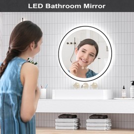 24 Inch Round LED Bathroom Mirror, Bathroom Wall Mounted Vanity Mirror with 3 Color Lights, Anti-Fog, Smart Touch Button and Memory Function, Dimmable Lighted Makeup Mirror for Bathroom