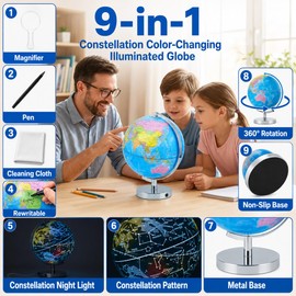 9-in-1 Illuminated World Globe 8 in for Kids & Adults with 88 Constellation Map, Touch Color Changing LED Lamp for STEM Geography Learning,Night Light for Classroom Office & Home Desk Decor