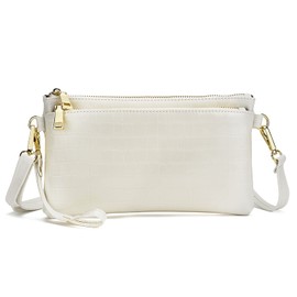 ZOOEASS Triple Zip Small Crossbody Bag Lightweight Purses Vegan Leather Wristlet Clutch, Includes Adjustable Shoulder (Crocodile White