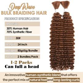 Human Braiding Hair Mixed Synthetic Braiding Hair for Boho Braids 2 Bundles 160g Color 30 Brown Deep Wave Bulk Human Hair for Braiding No Weft Hair Extensions Braiding Hair 24inch（30#）