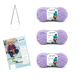 Gründl Wool for Knitting and Crocheting Knitting Set Funny Plain Velvety Chenille Yarn 3 x 100 g + Needles 5-6 + Instructions for a Baby Blanket Lavender