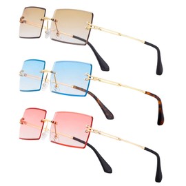 Stylish Small Rectangle Sunglasses Women Men Tinted Frameless Eyewear Ultralight Candy Color Ocean Sun Glasses Shades NP1034, T(3pack) Gold/Gradient Brown + Blue + Pink