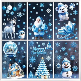 DXTXTJ 9 Sheets Christmas Window Stickers, Large Christmas Window Decorations,White Blue Snowflake Window Stickers, Reusable Stereo Window Clings for Xmas Window Decoration