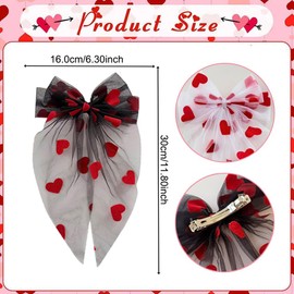 Valentine’s Day Hair Bow Clips Black White Mesh Bows Hair Clips with Red Big Heart Design Long Tail Hair Ribbon Barrette for Women Hair Accessories Non-slip Oversize Hairpins for Ponytail Holder Decor