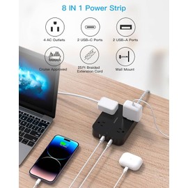 Black Extension Cord 25 Ft, Ultra Thin Flat Plug Power Strip with 4 Outlets 4 USB Ports (2 USB C), Wall Mount, Desk Charging Station for Office, School, Travel and Dorm Room Essentials, ETL Listed