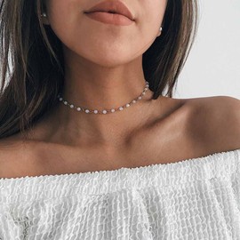 Yalice Beaded Choker Necklace Dainty Opal Birthstone Chokers Necklaces Jewelry for Women (Gold-White-1)