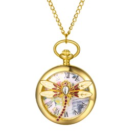 Oidea Mens Womens Pocket Watch: Gold Tone Hollow Embossed Dragonfly Decoration Roman Numeral Dial Analog Quartz Pocket Watches with Chain Graduation Christmas Birthday Gifts