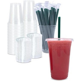 12 oz Clear Plastic Cups with Lids and STRAWS, Disposable Drinking Cups for Cold Drinks, Iced Coffee, Milkshakes, Smoothies, 25 Sets - Color: 20 oz Cups, Size: 25