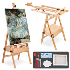 YOKUGO Large Painting Easel with Storage Drawer, Foldable & Adjustable H-Frame Studio Easel for Kids, Adults, Beech Wood Table Art Painting Holder & Floor Artist Stand, Natural