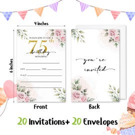 GOODBANER 75th Rose Birthday Invitation for Women, Birthday Invitation With Envelopes, 75 Years Old Birth Invites for Adult, 20 Pcs Birth Invite Cards Party Celebration Supplies /04