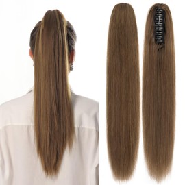 TESSHAIR Claw Clip In Ponytail Extension, 100% Human Hair Ponytail Extension, No Tangle & Smooth, 105g, 14 Inch #Medium Brown