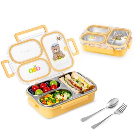 SAYAPE Stainless Steel Bento Lunch Box for Kids, 26.4 oz Leak-Proof 3-Compartment Metal Bento Box, BPA-Free, Cute Cartoon Meal Prep Snack Container with Utensils for School, Office, Travel - Yellow