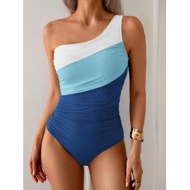 Aidonger One Shoulder One Piece Swimsuit for Women Tummy Control Bathing Suits Color Block Ruched Swim Suit Slimming Swimwear