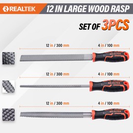 REALTEK Wood Rasp File Set 3PCS, 12-inch T12 High Carbon Steel Wood File, Premium Steel Construction, with Soft Grip, Flat, Half-Round, Round, for Wood Sanding