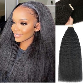 YDDM Black Women's Tape Extensions, Real Hair, Black, Kinky Straight Tape-In Hair Extensions, Real Hair Tapes, Invisible Extensions, Real Hair, Tape Extensions, Real Hair, 14 Inches, 60 Pieces, 90 g