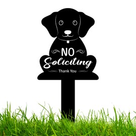Adecortalk No Soliciting Sign for House, Funny Black Metal Dog No Soliciting Thank You Yard Sign with Stake Outdoor Yard Decorations for Front Door Lawns Gardens Home Decor 15 x 7Inches(White Letter)