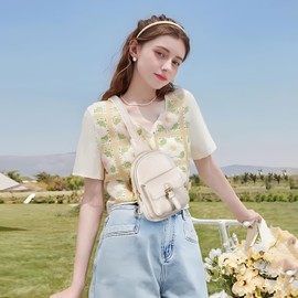 Viverte Small Sling Bag Fanny Pack for Girls Vegan Leather 3 Pockets Crossbody Purse for Women Cute Stuff Gift for Teen Girls with Adjustable Strap (Beige)