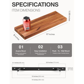 BATODA Set of 2 17" Acacia Wood Floating Shelves Wall Mounted – Rustic Farmhouse Wooden Wall Storage Shelf for Bedroom, Kitchen, Home Décor - Brackets and Shelving Mounting Hardware Included