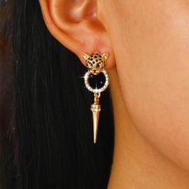 TseenYi Leopard Head Spike Drop Earrings CZ Circle Spike Dangle Earrings Gold Leopard Panther Earrings Crystal Spike Earrings Rhinestone Open Circle Drop Earrings
