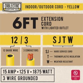 Cablectric 12 Gauge Outdoor Extension Cord 6 ft, 12/3 Heavy Duty Extension Cord 3 Prong Lighted End 6 Foot, SJTW Weatherproof Industrial Electrical Cable for Major Appliances, Proudly American Brand